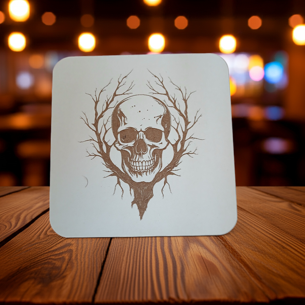 Set of 4, Macabre Collection, skull white topped wood drink coasters with bumper feet.