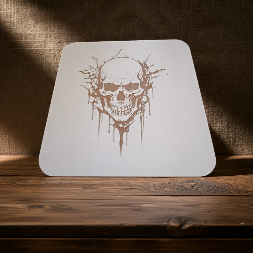 Set of 4, Macabre Collection, skull white topped wood drink coasters with bumper feet.