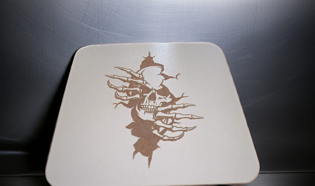 Set of 4, Macabre Collection, skull white topped wood drink coasters with bumper feet.