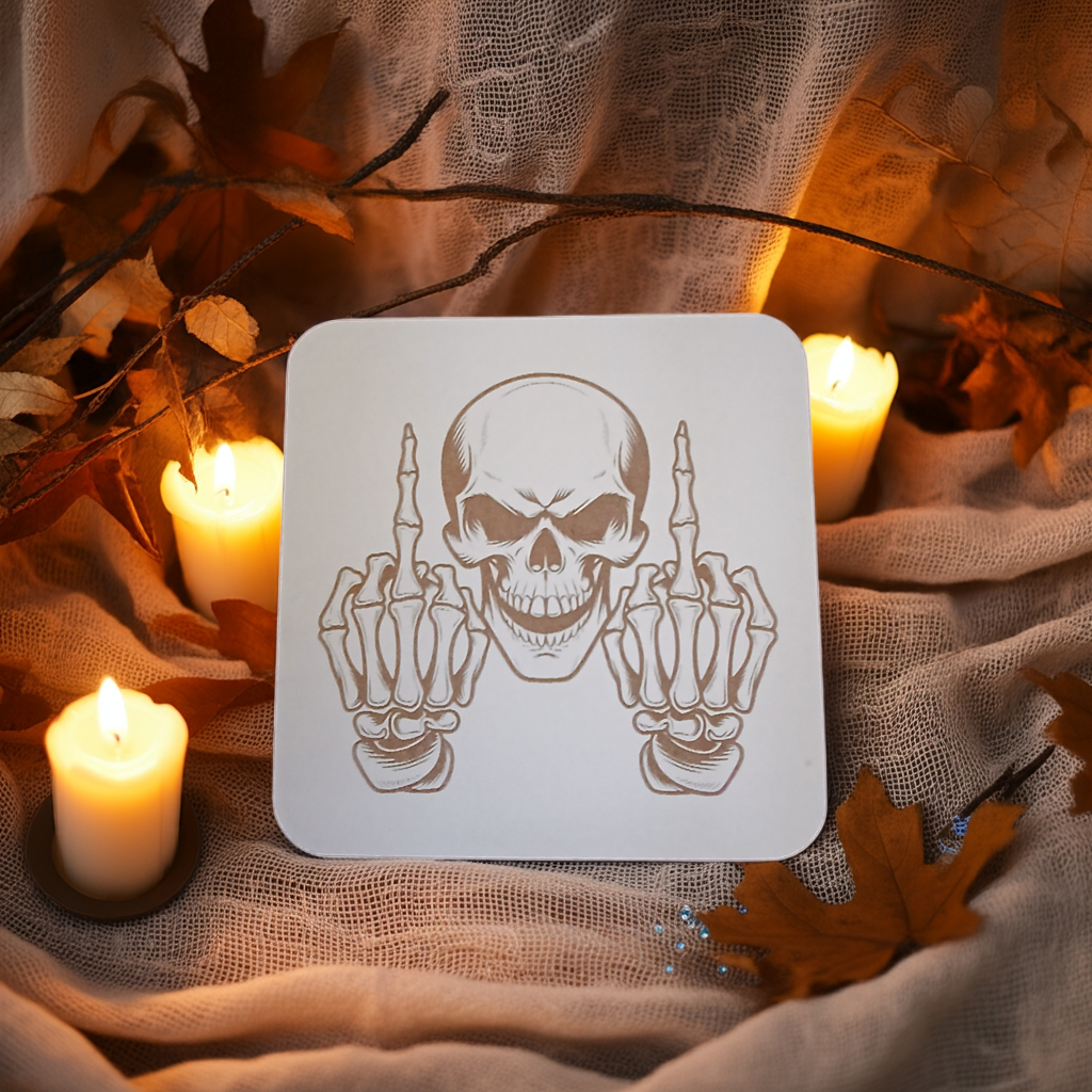 Set of 4, Macabre Collection, skull white topped wood drink coasters with bumper feet.