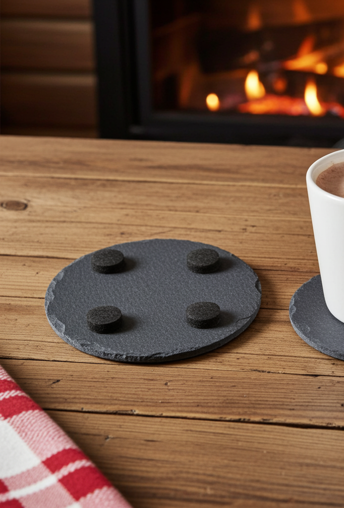 Set of 4, Round Slate Coasters- Bear in a blanket collection- with bumper feet.