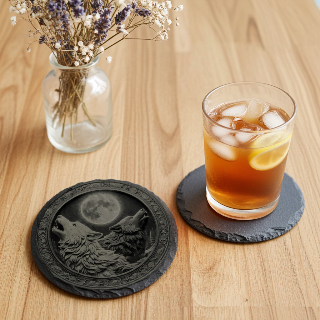 Set of 4, "Two wolves and the Moon" Round Slate Coasters with Bumper Feet.