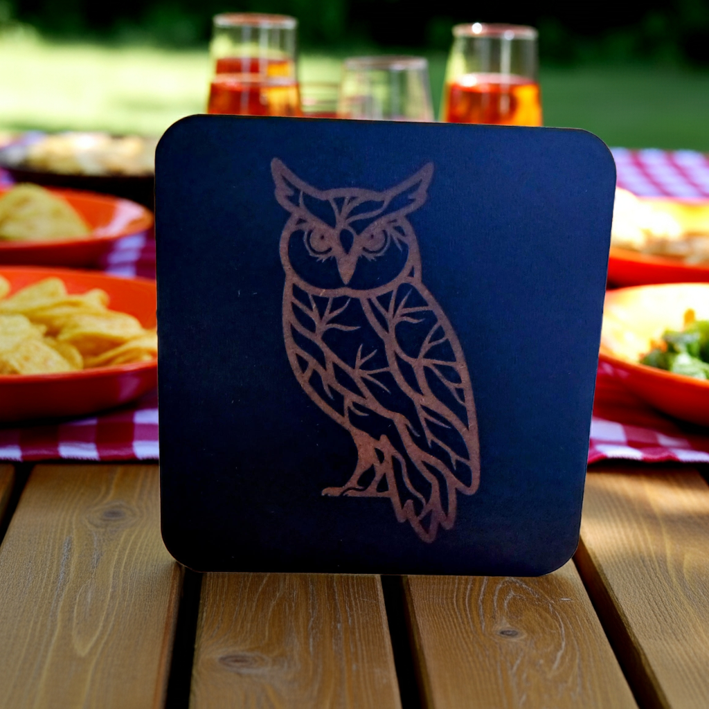 Set of 4,Owl Collection, Black Topped Wood Drink Coasters with Bumper Feet.. 9.5cms