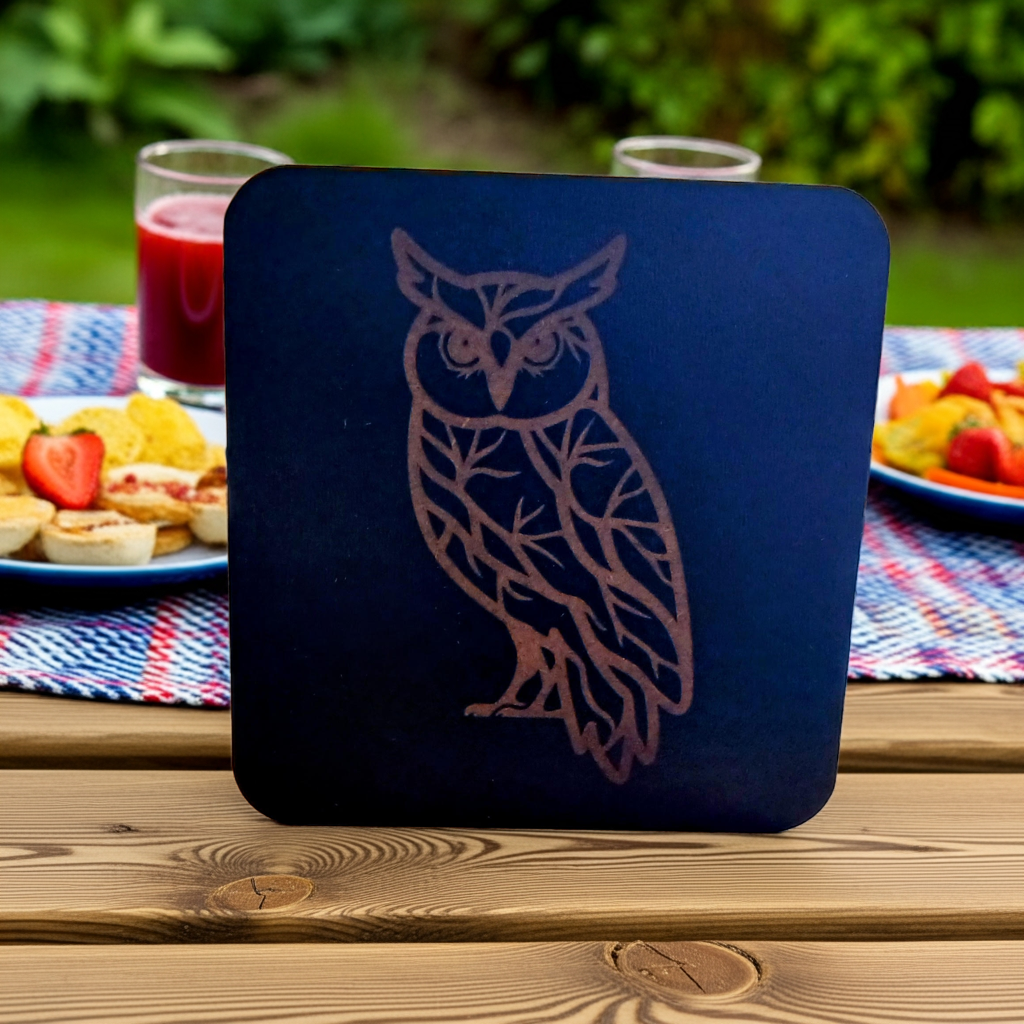 Set of 4,Owl Collection, Black Topped Wood Drink Coasters with Bumper Feet.. 9.5cms