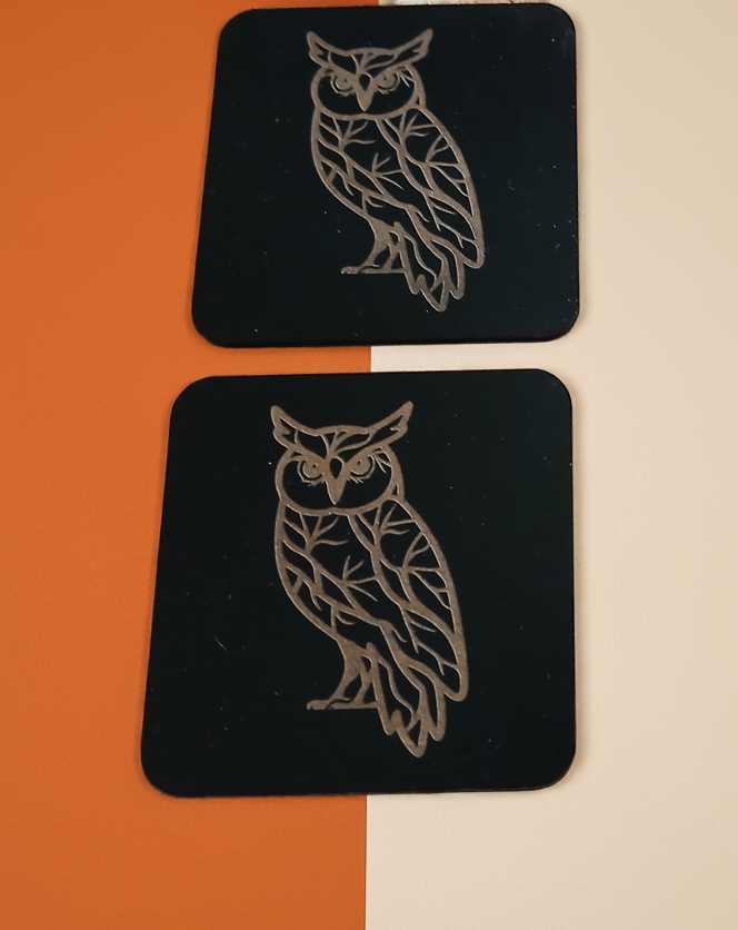 Set of 4,Owl Collection, Black Topped Wood Drink Coasters with Bumper Feet.. 9.5cms