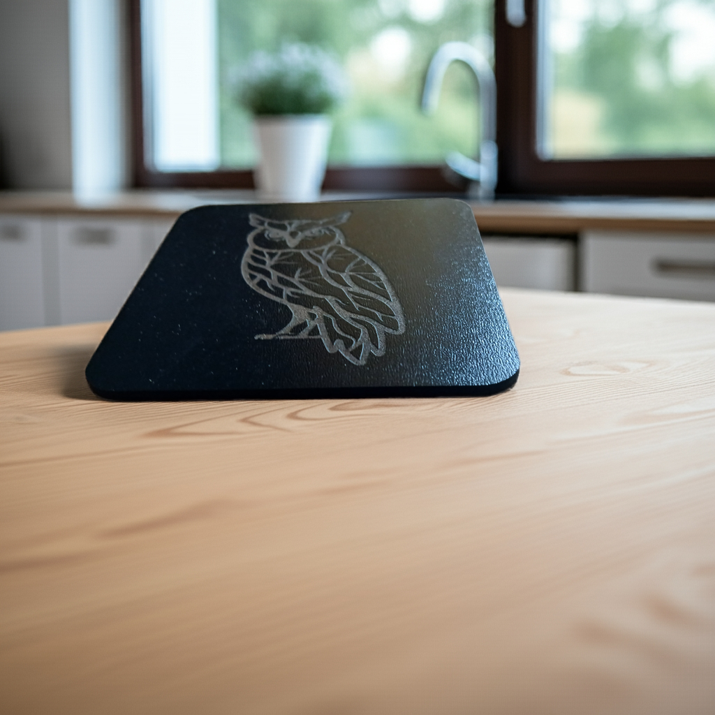 Set of 4,Owl Collection, Black Topped Wood Drink Coasters with Bumper Feet.. 9.5cms