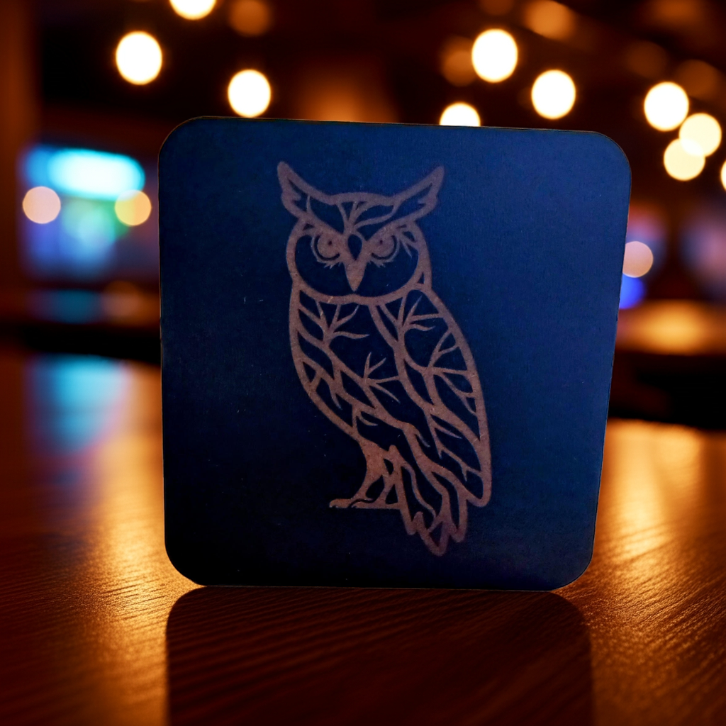 Set of 4,Owl Collection, Black Topped Wood Drink Coasters with Bumper Feet.. 9.5cms