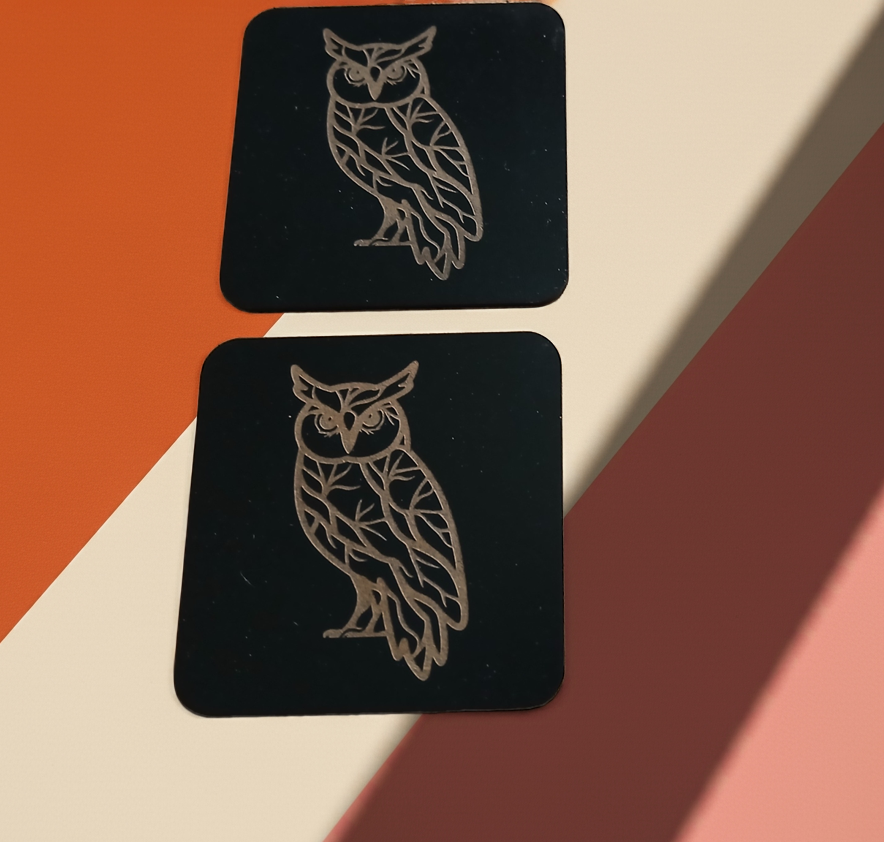 Set of 4,Owl Collection, Black Topped Wood Drink Coasters with Bumper Feet.. 9.5cms