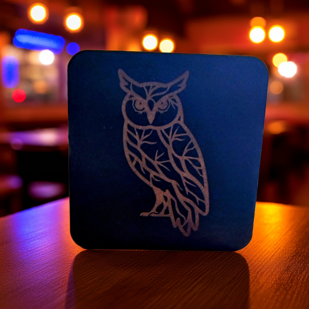 Set of 4,Owl Collection, Black Topped Wood Drink Coasters with Bumper Feet.. 9.5cms