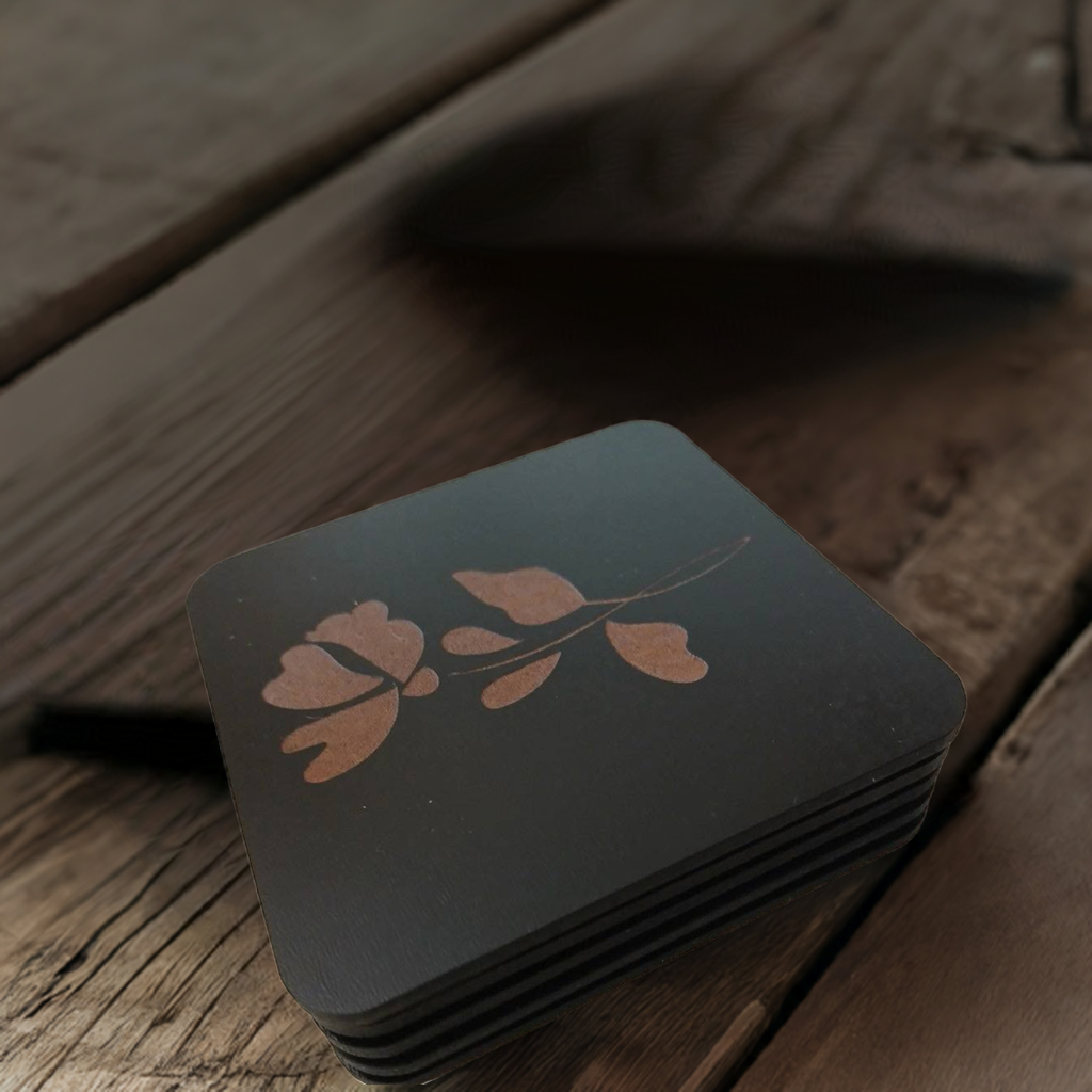Set of 5 Square Black Flowers Collection, Wood Drink Coasters. Stylish. Bumper Feet. 9.5cm. With Rounded Corners.