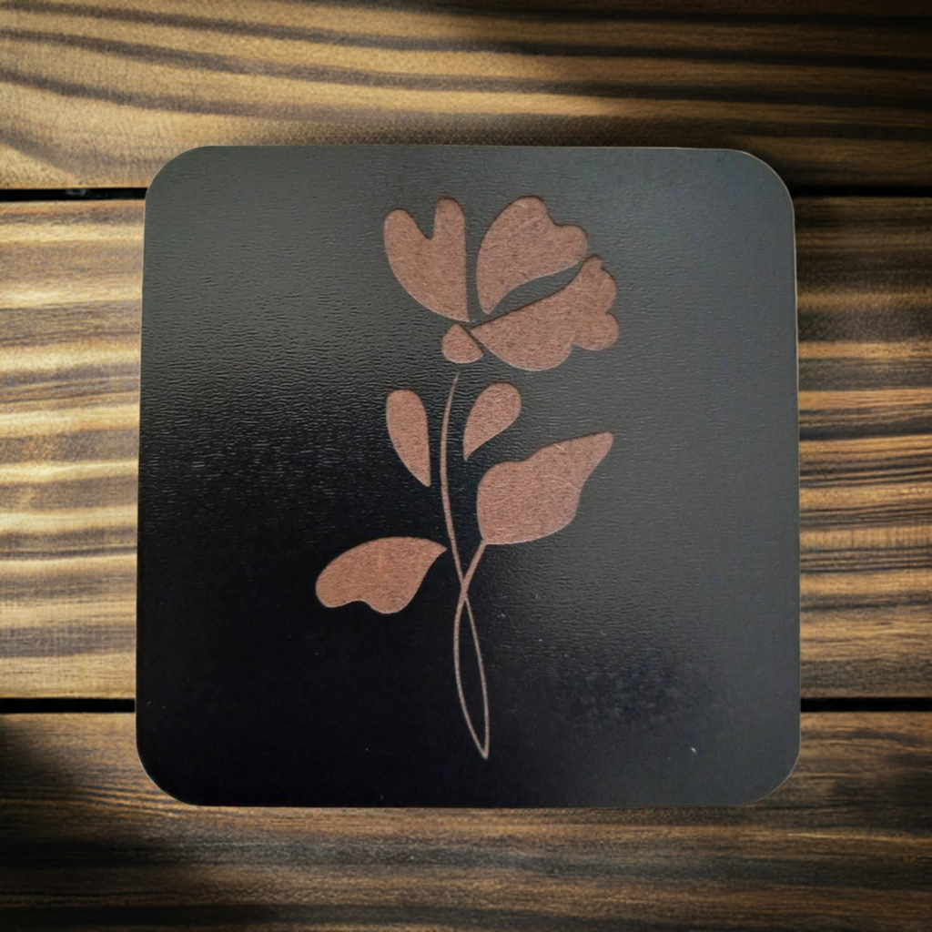 Set of 5 Square Black Flowers Collection, Wood Drink Coasters. Stylish. Bumper Feet. 9.5cm. With Rounded Corners.