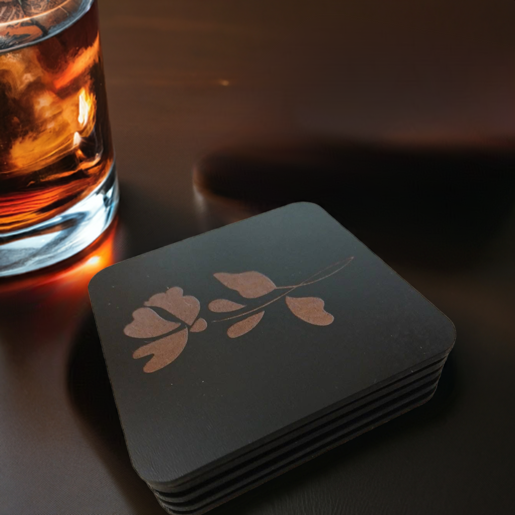 Set of 5 Square Black Flowers Collection, Wood Drink Coasters. Stylish. Bumper Feet. 9.5cm. With Rounded Corners.