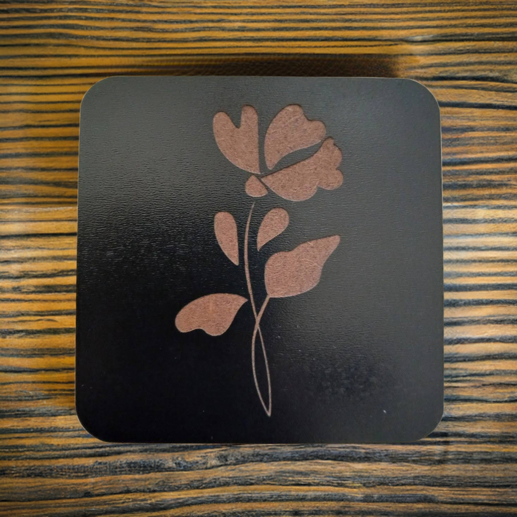 Set of 5 Square Black Flowers Collection, Wood Drink Coasters. Stylish. Bumper Feet. 9.5cm. With Rounded Corners.