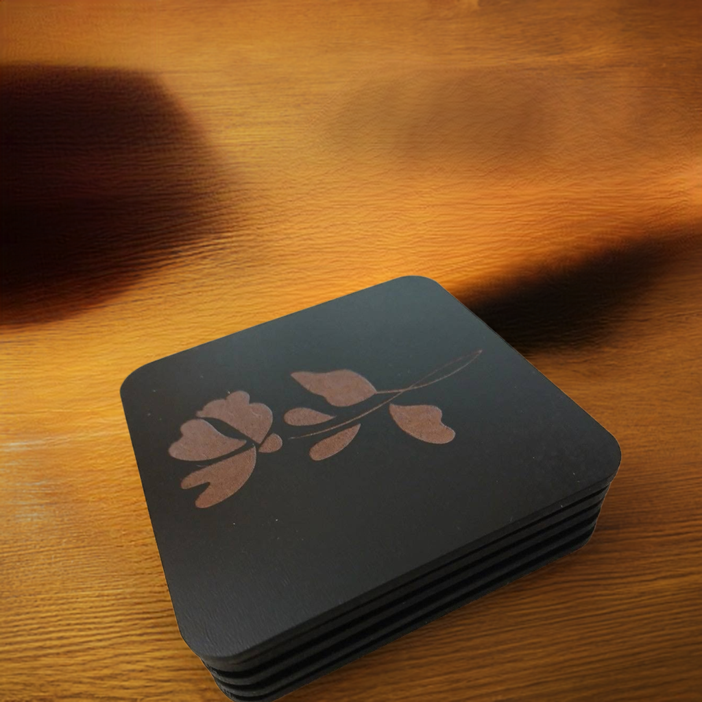 Set of 5 Square Black Flowers Collection, Wood Drink Coasters. Stylish. Bumper Feet. 9.5cm. With Rounded Corners.
