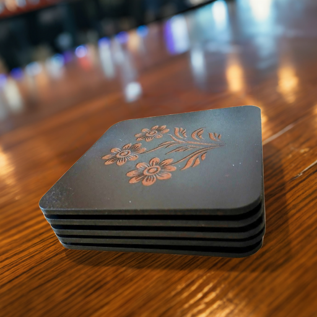 Set of 5 Square Black Flowers Collection, Wood Drink Coasters. Stylish. Bumper Feet. 9.5cm. With Rounded Corners.