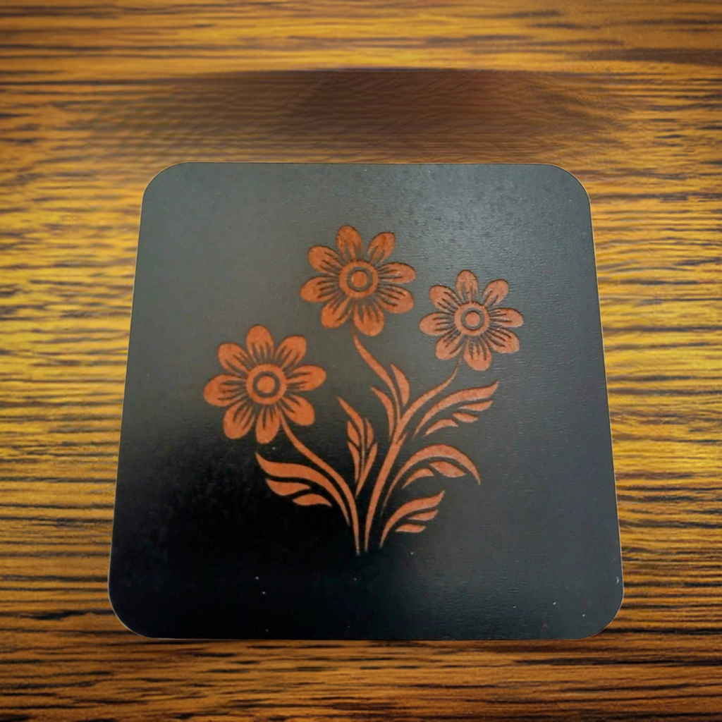 Set of 5 Square Black Flowers Collection, Wood Drink Coasters. Stylish. Bumper Feet. 9.5cm. With Rounded Corners.