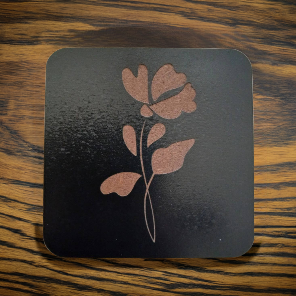 Set of 5 Square Black Flowers Collection, Wood Drink Coasters. Stylish. Bumper Feet. 9.5cm. With Rounded Corners.