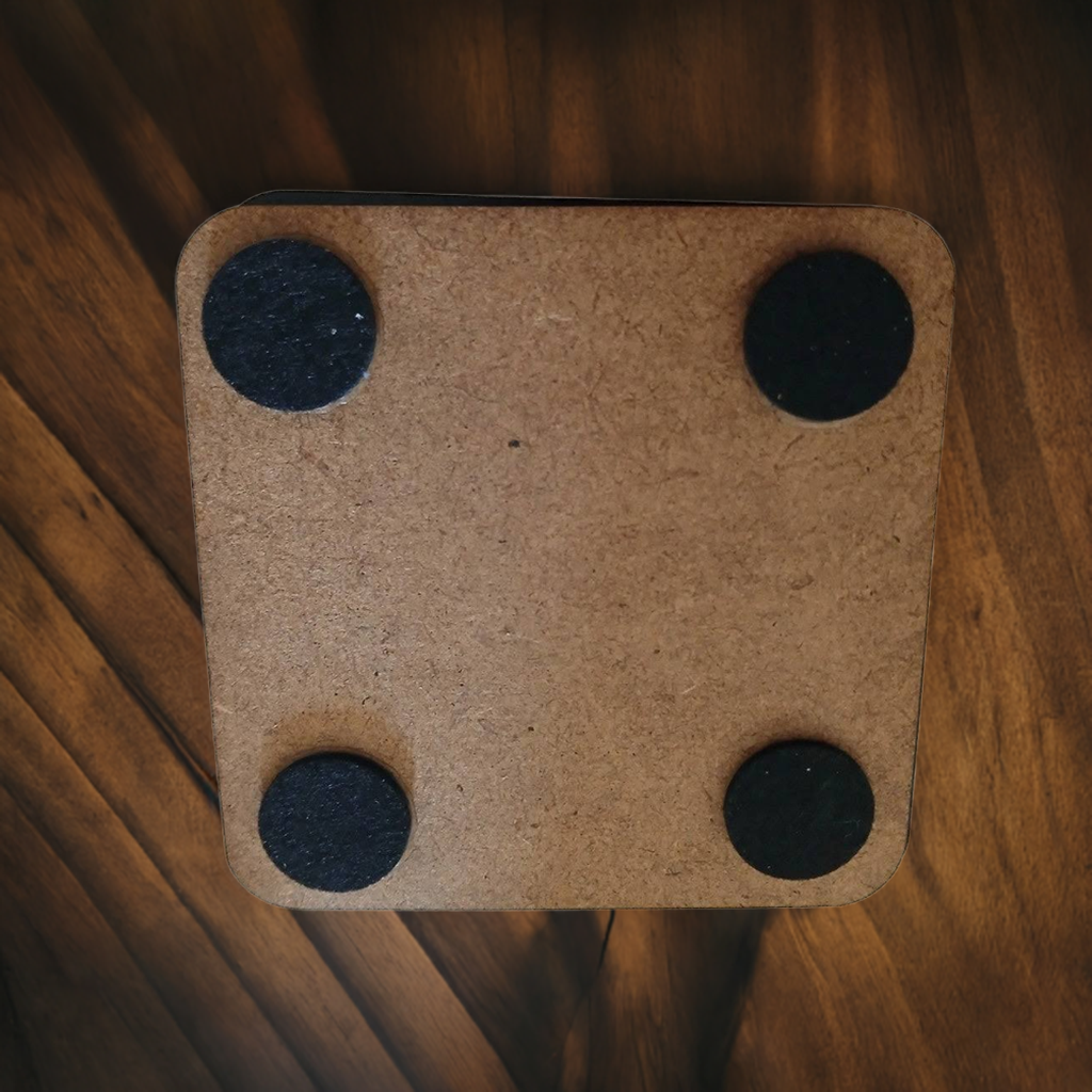 Set of 5 Square Black Flowers Collection, Wood Drink Coasters. Stylish. Bumper Feet. 9.5cm. With Rounded Corners.