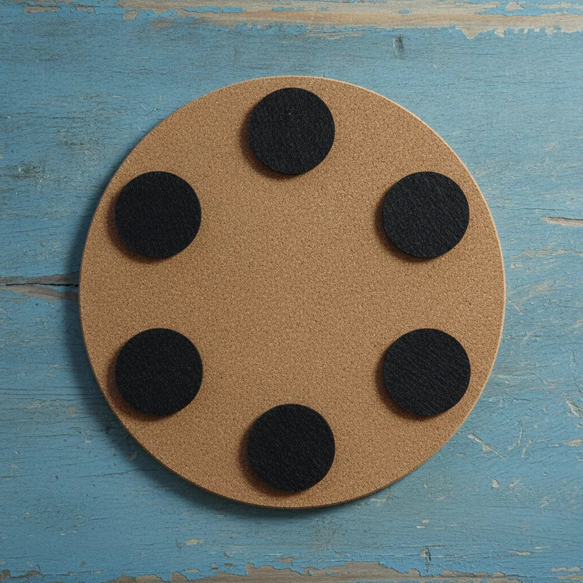 Set of 5 Round Black Wood Drink Coasters. Flowers Collection Round. With Bumper feet.
