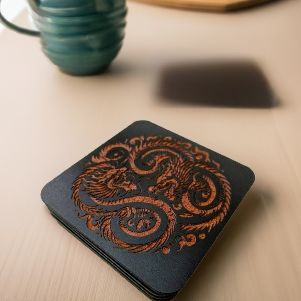 Set of 6 Dragon Wooden Coasters. Highly Decorative and Detailed Engravings