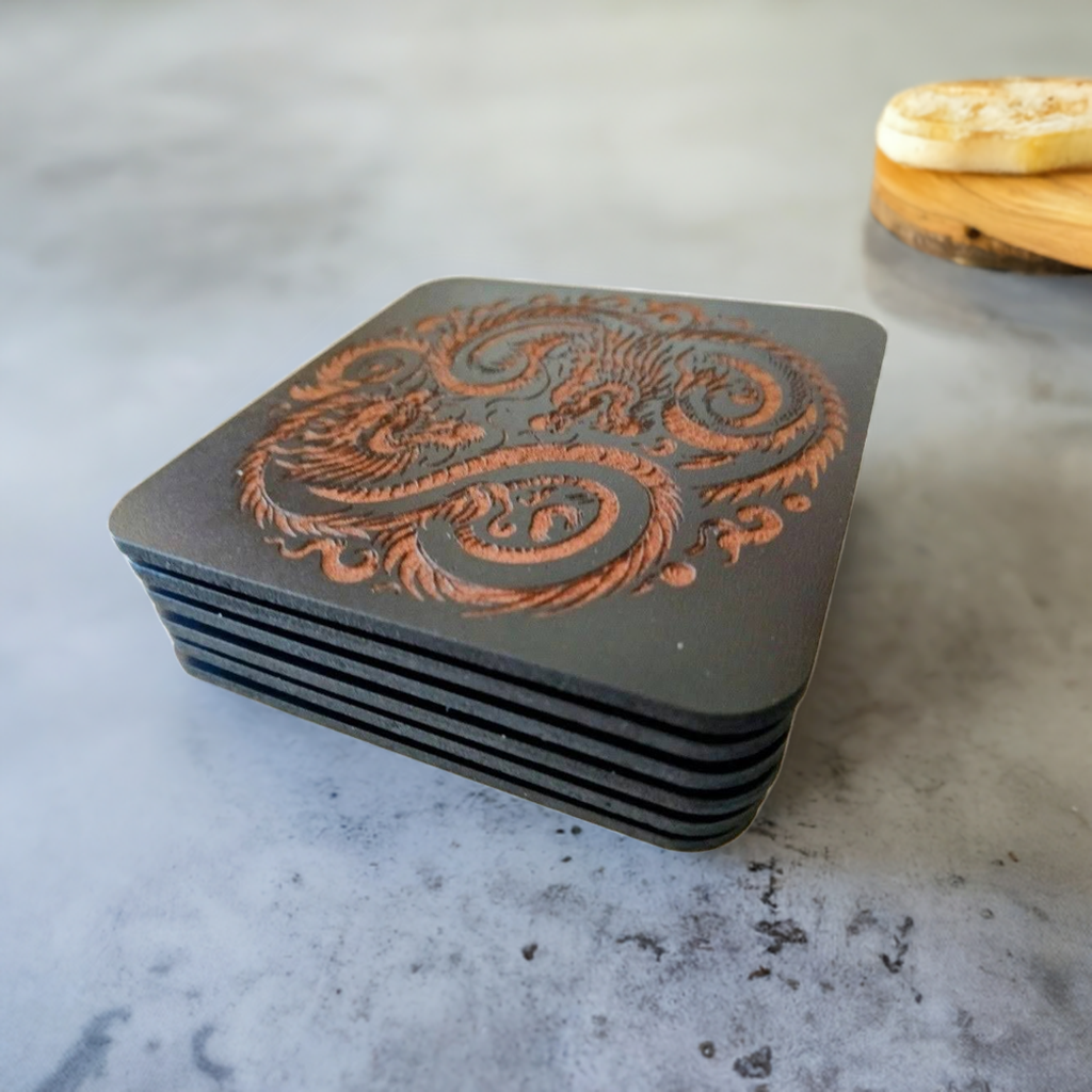 Set of 6 Dragon Wooden Coasters. Highly Decorative and Detailed Engravings