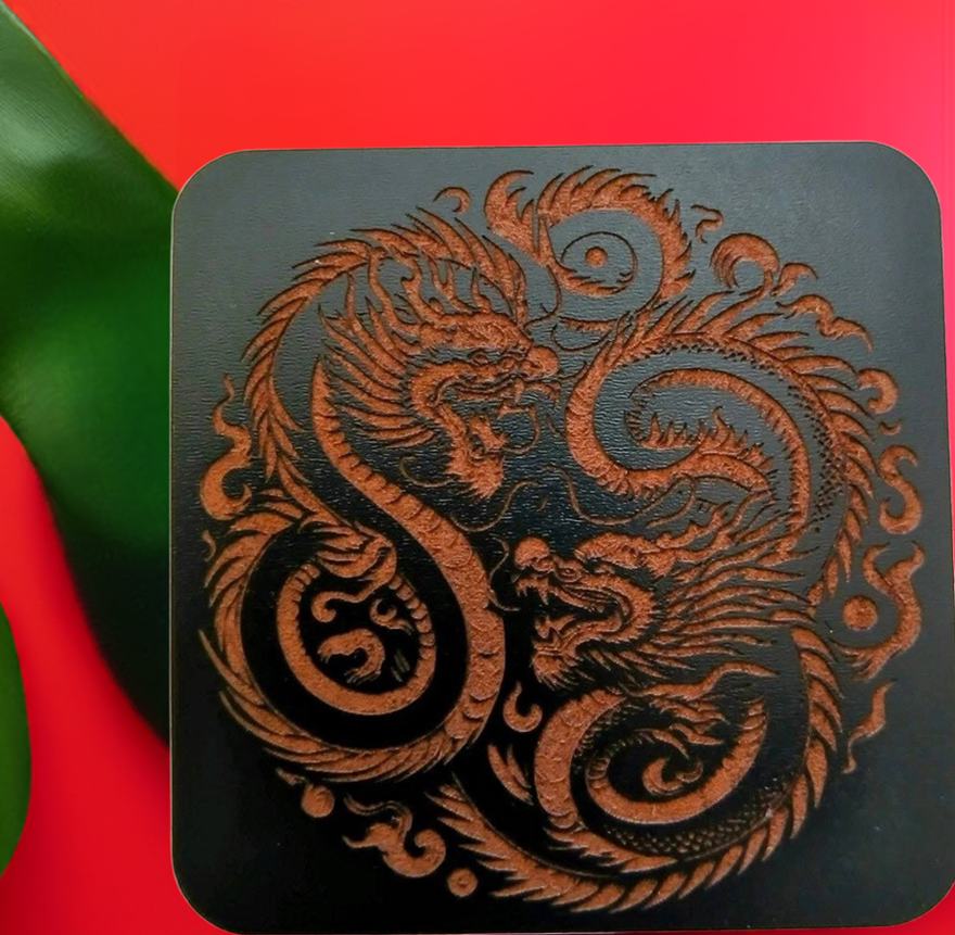 Set of 6 Dragon Wooden Coasters. Highly Decorative and Detailed Engravings
