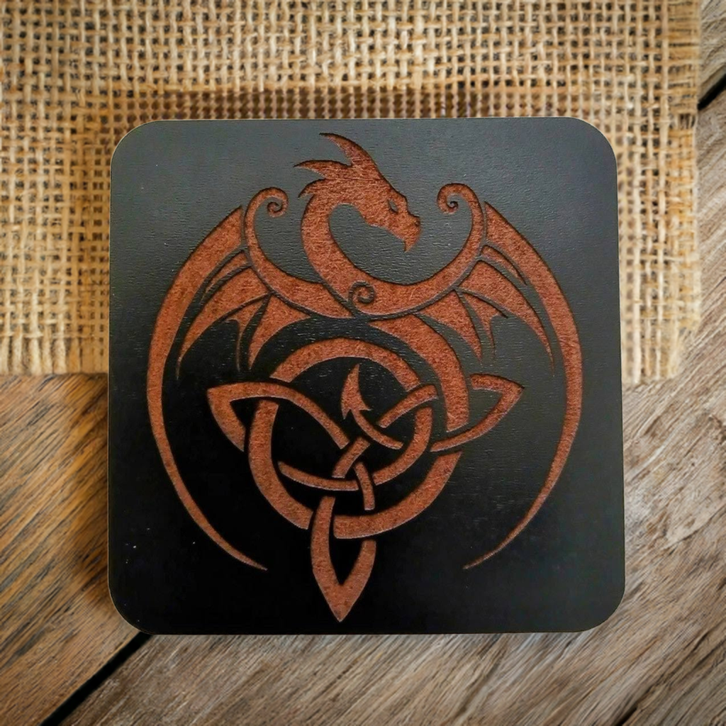 Set of 6 Dragon Wooden Coasters. Highly Decorative and Detailed Engravings