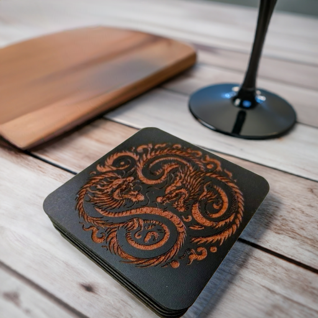 Set of 6 Dragon Wooden Coasters. Highly Decorative and Detailed Engravings
