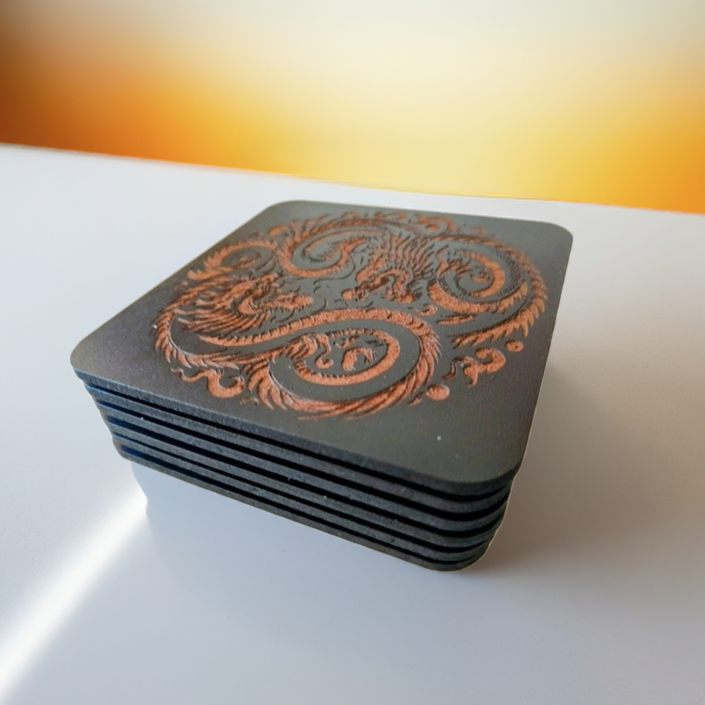 Set of 6 Dragon Wooden Coasters. Highly Decorative and Detailed Engravings