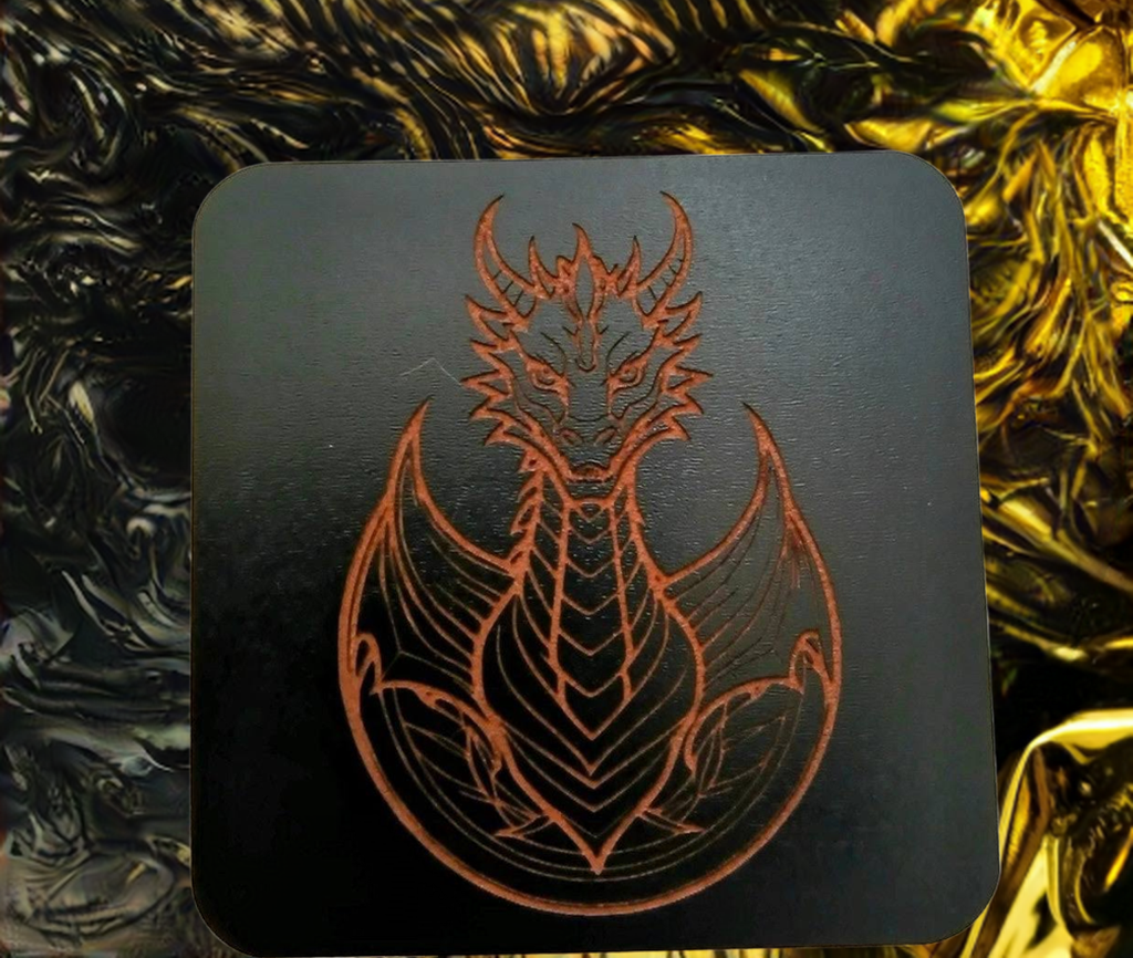Set of 6 Dragon Wooden Coasters. Highly Decorative and Detailed Engravings