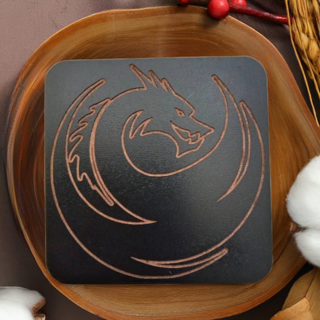 Set of 6 Dragon Wooden Coasters. Highly Decorative and Detailed Engravings