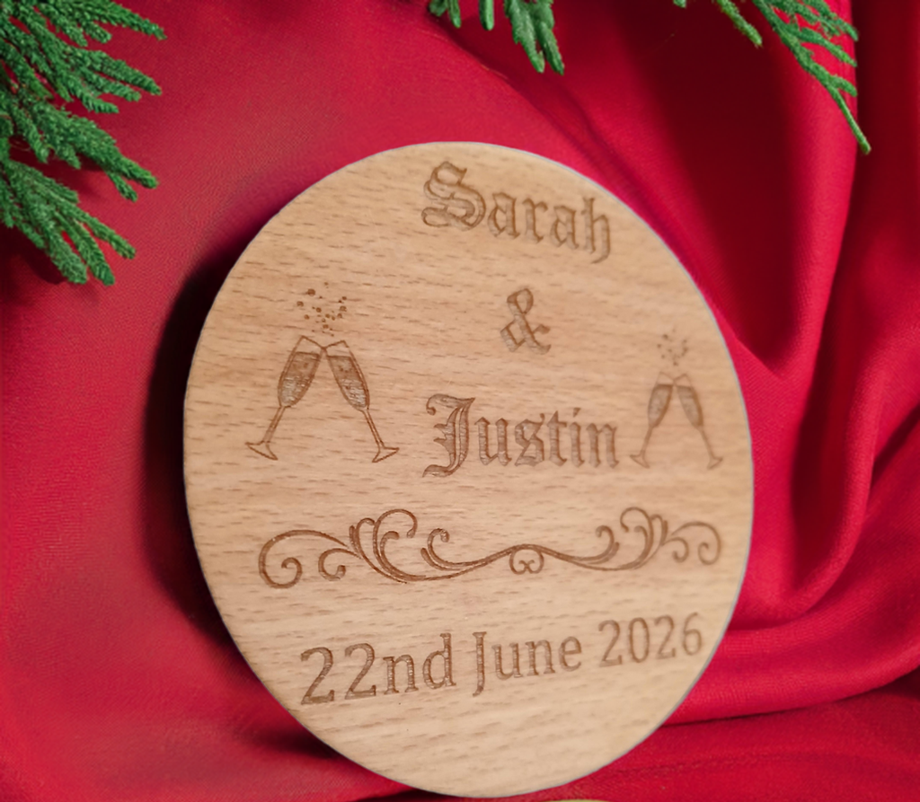 Set of 6 Drink Coasters Wedding / Engagement's / Celebrations / Anniversaries. Any Font. Personalise Your Own Coasters. Quality Steamed Beech. With Bumper Feet.