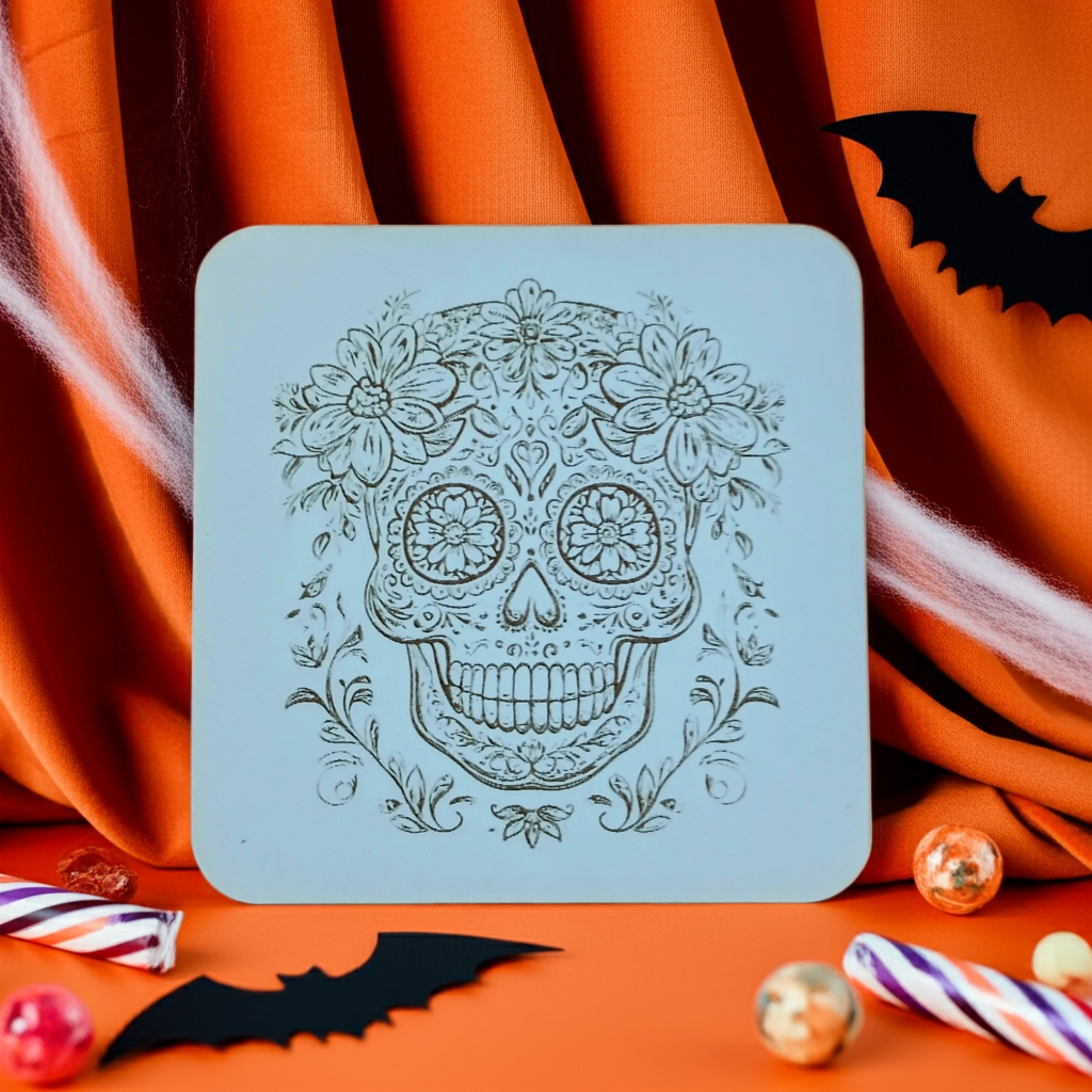 Set of 6 White Topped Wood, Mexican Decorated Skulls Macabre / Halloween Drink Coasters with Bumper Feet.