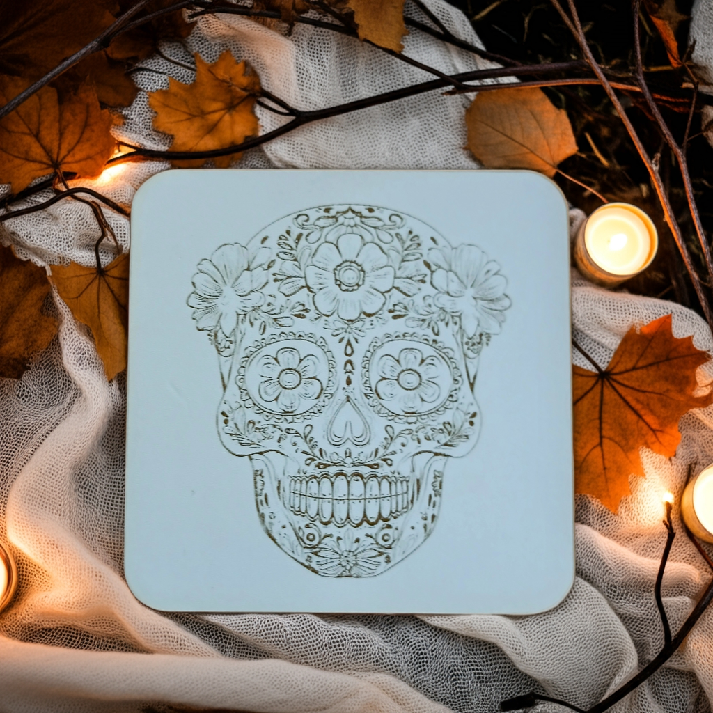 Set of 6 White Topped Wood, Mexican Decorated Skulls Macabre / Halloween Drink Coasters with Bumper Feet.