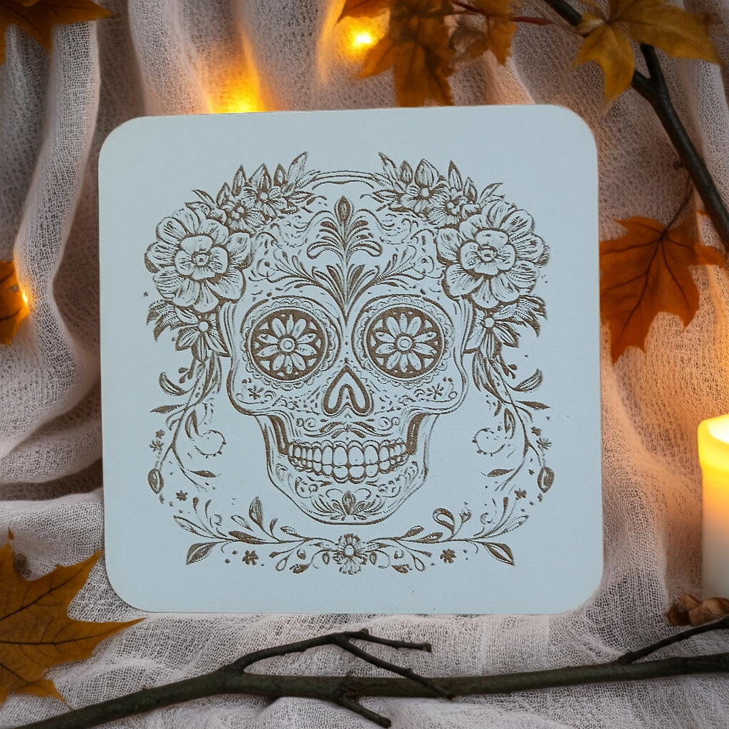 Set of 6 White Topped Wood, Mexican Decorated Skulls Macabre / Halloween Drink Coasters with Bumper Feet.