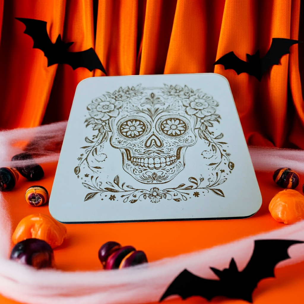 Set of 6 White Topped Wood, Mexican Decorated Skulls Macabre / Halloween Drink Coasters with Bumper Feet.
