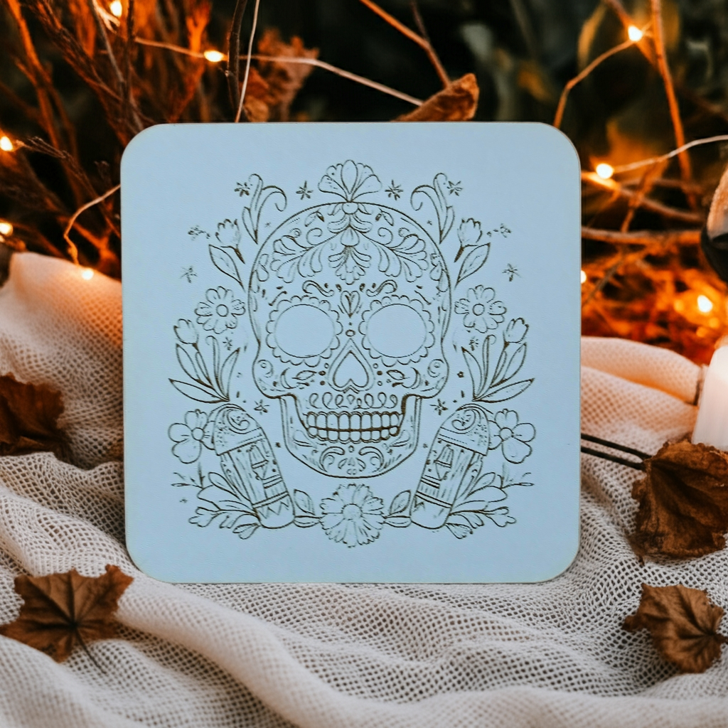 Set of 6 White Topped Wood, Mexican Decorated Skulls Macabre / Halloween Drink Coasters with Bumper Feet.