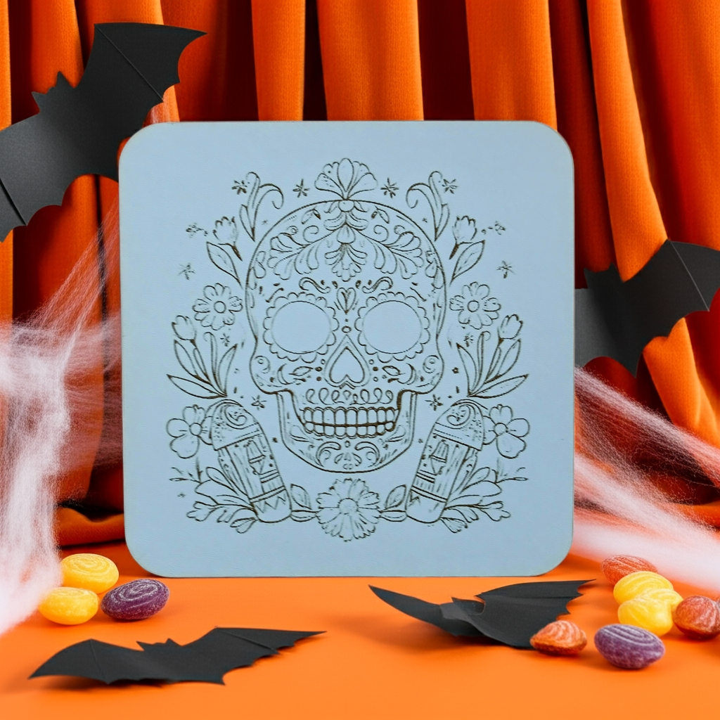 Set of 6 White Topped Wood, Mexican Decorated Skulls Macabre / Halloween Drink Coasters with Bumper Feet.