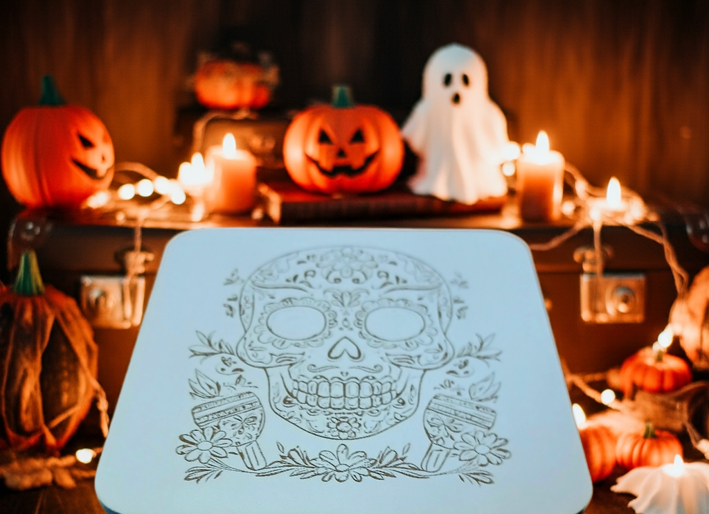 Set of 6 White Topped Wood, Mexican Decorated Skulls Macabre / Halloween Drink Coasters with Bumper Feet.