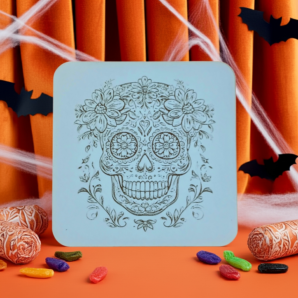 Set of 6 White Topped Wood, Mexican Decorated Skulls Macabre / Halloween Drink Coasters with Bumper Feet.