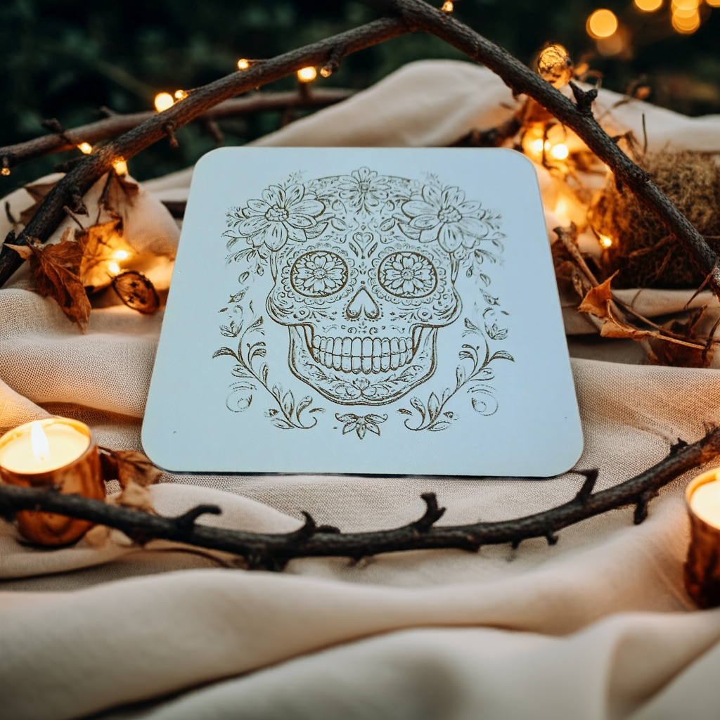 Set of 6 White Topped Wood, Mexican Decorated Skulls Macabre / Halloween Drink Coasters with Bumper Feet.