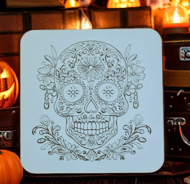 Set of 6 White Topped Wood, Mexican Decorated Skulls Macabre / Halloween Drink Coasters with Bumper Feet.