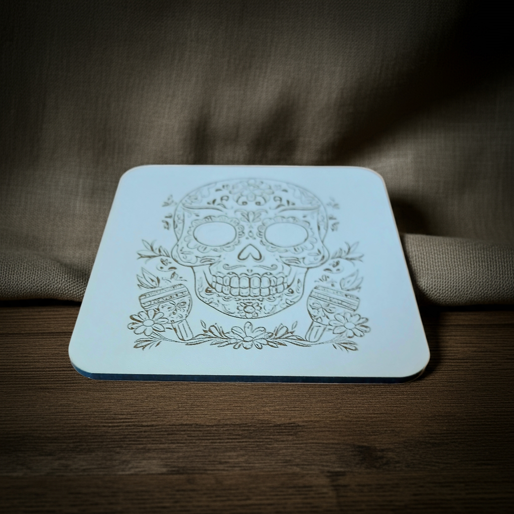 Set of 6 White Topped Wood, Mexican Decorated Skulls Macabre / Halloween Drink Coasters with Bumper Feet.
