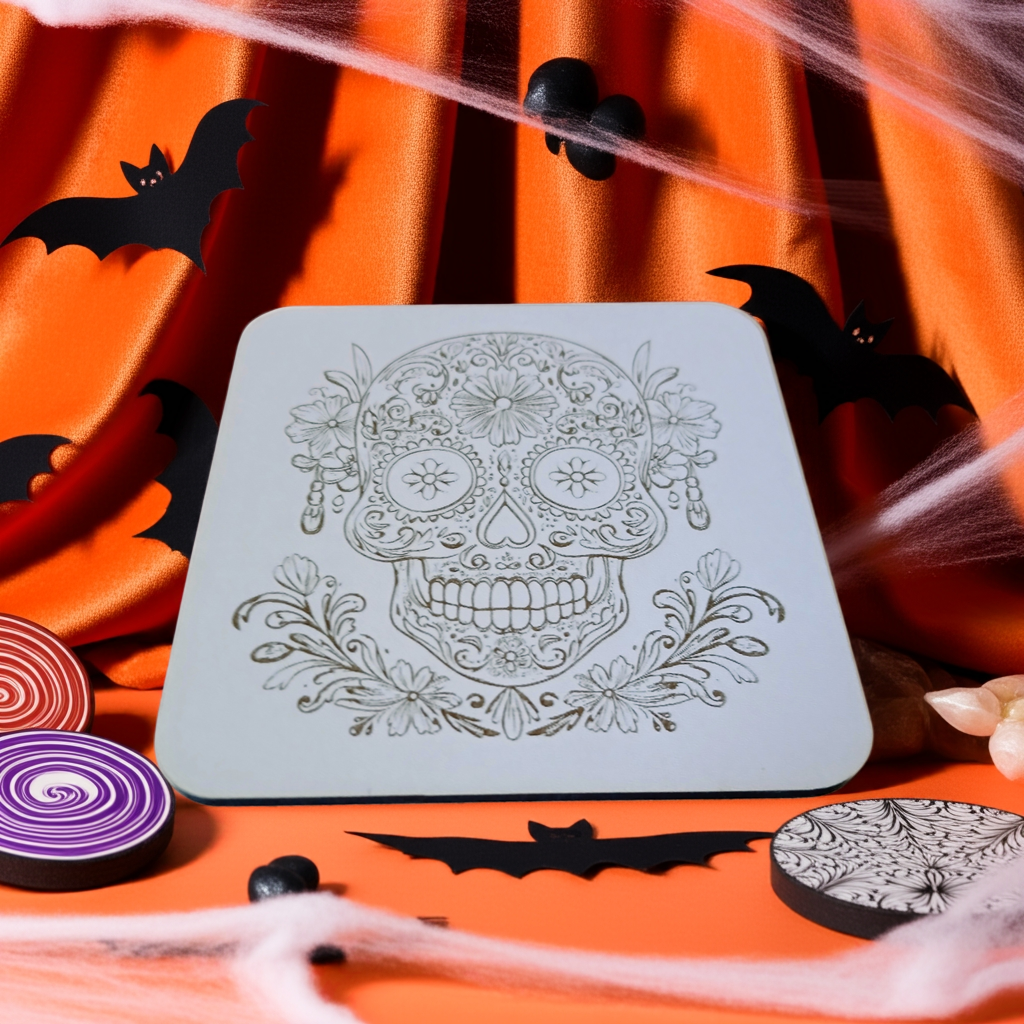 Set of 6 White Topped Wood, Mexican Decorated Skulls Macabre / Halloween Drink Coasters with Bumper Feet.