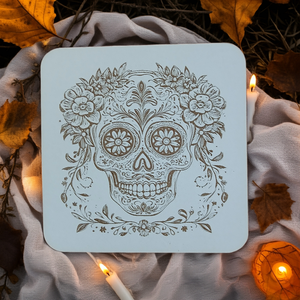 Set of 6 White Topped Wood, Mexican Decorated Skulls Macabre / Halloween Drink Coasters with Bumper Feet.