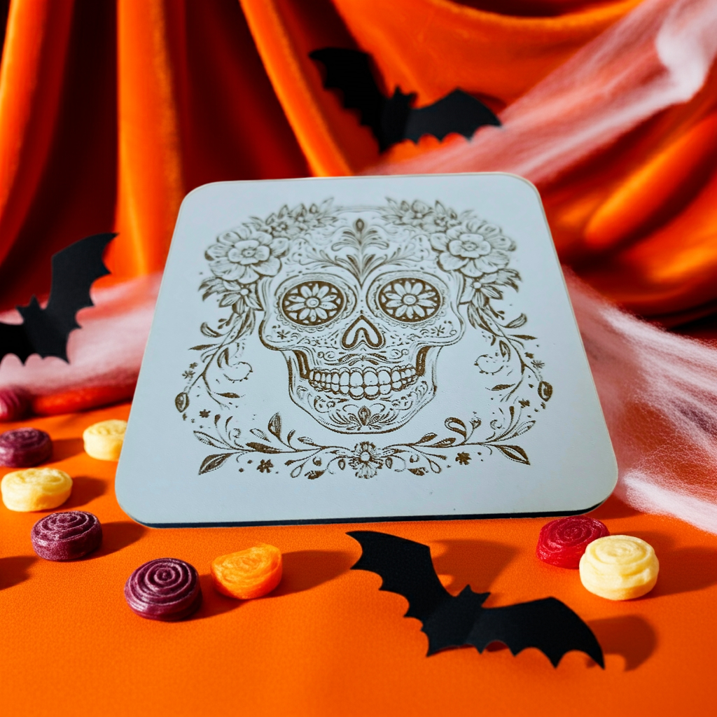 Set of 6 White Topped Wood, Mexican Decorated Skulls Macabre / Halloween Drink Coasters with Bumper Feet.