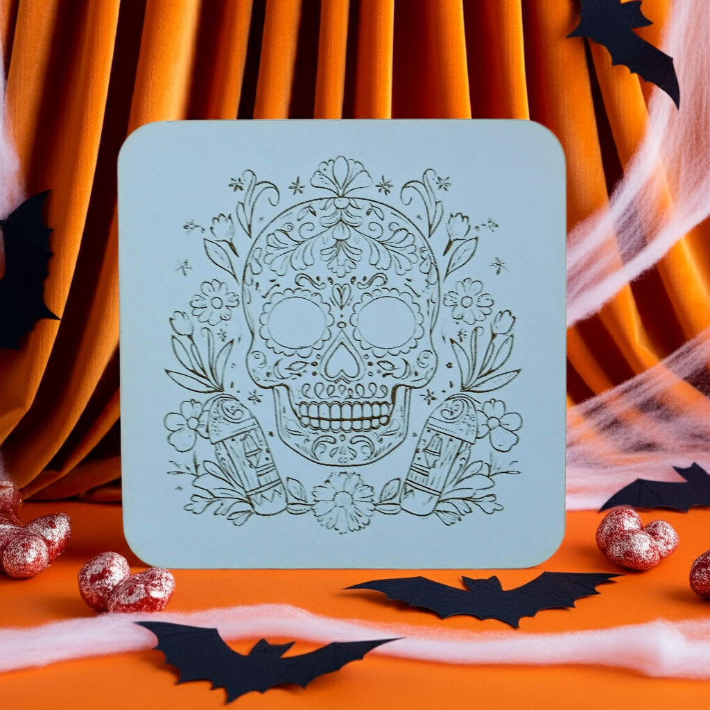 Set of 6 White Topped Wood, Mexican Decorated Skulls Macabre / Halloween Drink Coasters with Bumper Feet.