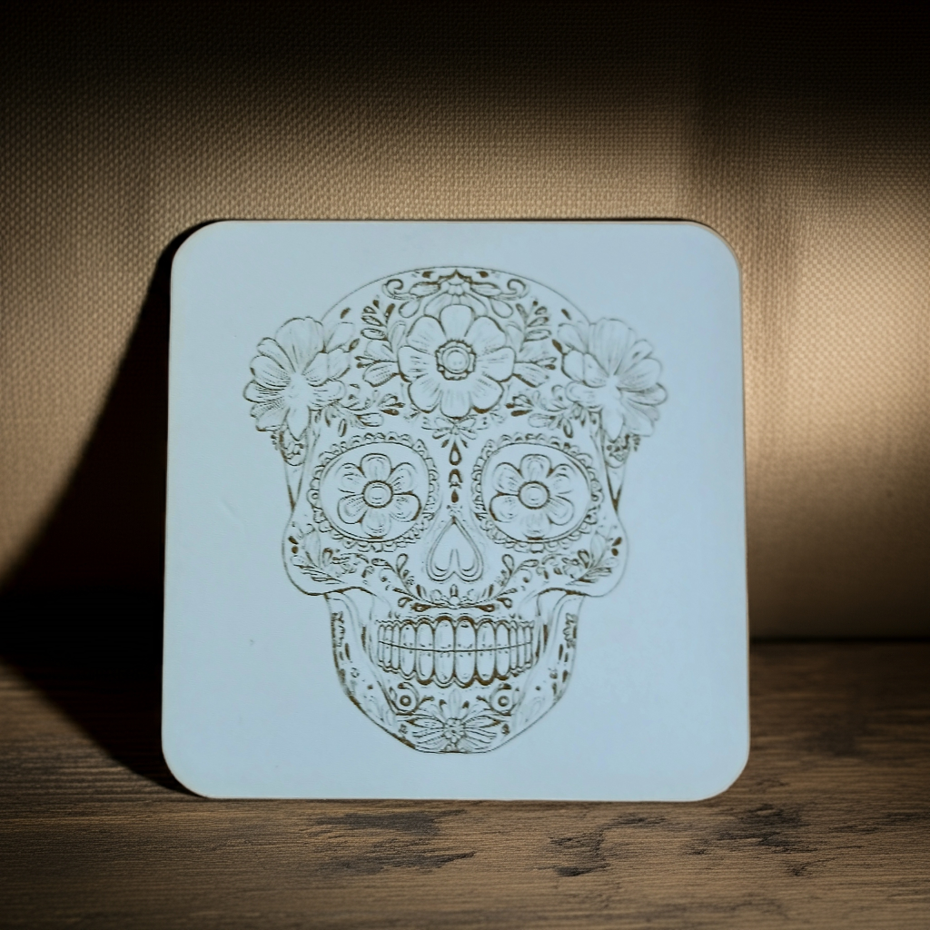 Set of 6 White Topped Wood, Mexican Decorated Skulls Macabre / Halloween Drink Coasters with Bumper Feet.
