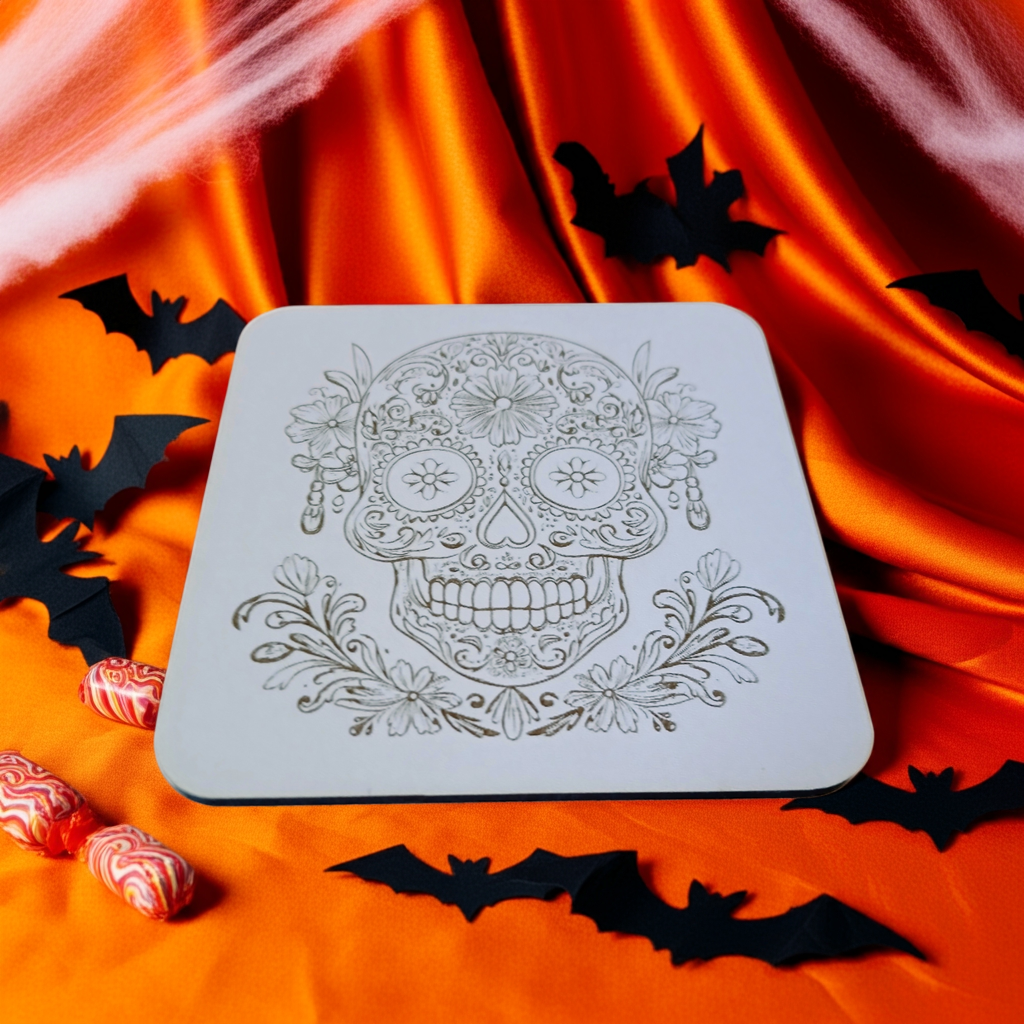 Set of 6 White Topped Wood, Mexican Decorated Skulls Macabre / Halloween Drink Coasters with Bumper Feet.