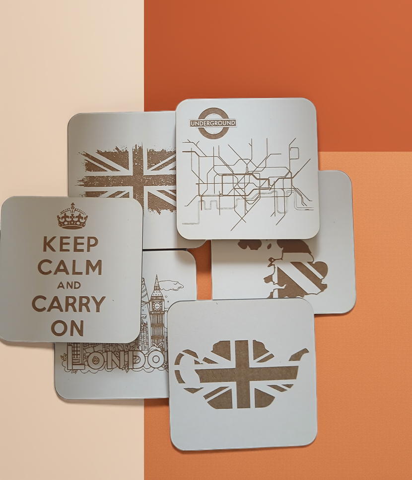 Set of 6 White Wood, Great Britain Theme Collection, Drink Coasters with Bumper Feet. 9.5CM X 9.5CM.